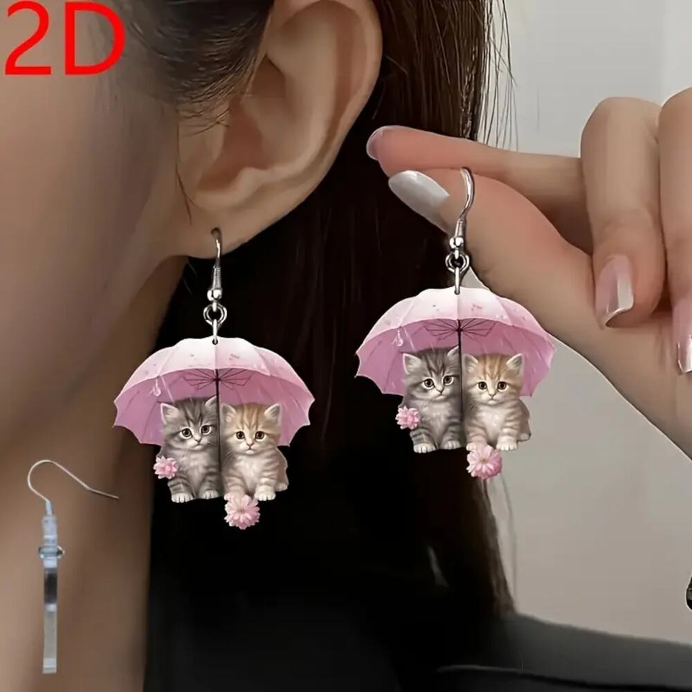 2D Kitten Pink Umbrella Acrylic Earrings Kawaii Cat Dangle New